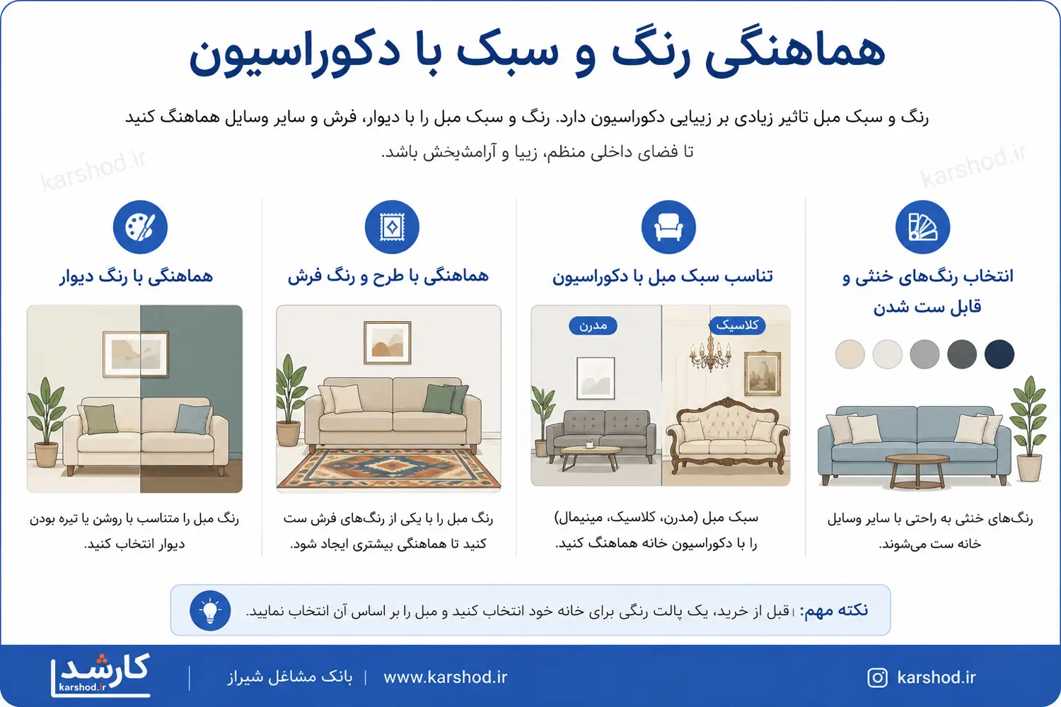 راهنمای هماهنگی رنگ و سبک مبل هنگام خرید در شیراز
