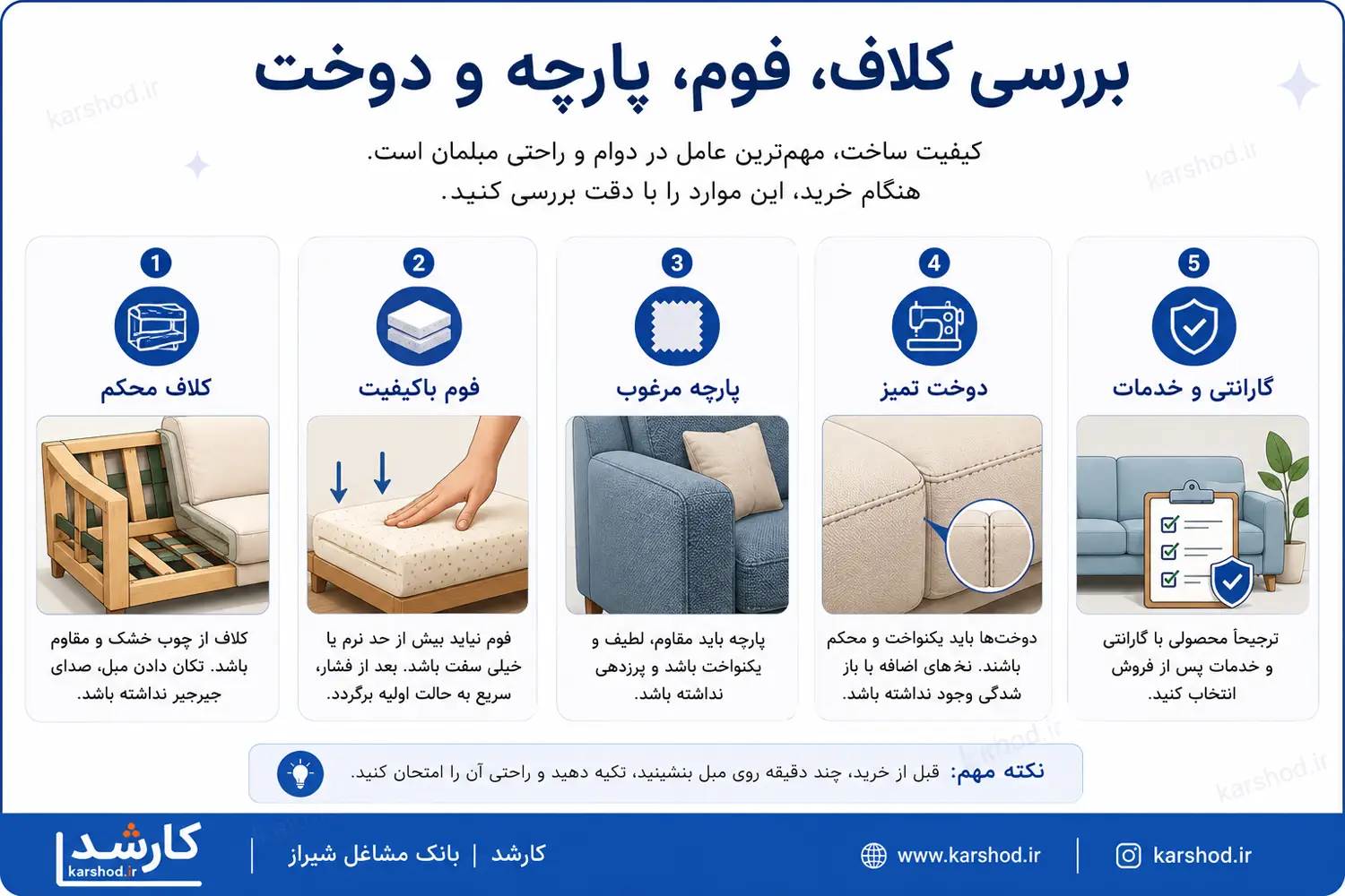 راهنمای بررسی کلاف، فوم، پارچه و دوخت مبل قبل از خرید در شیراز